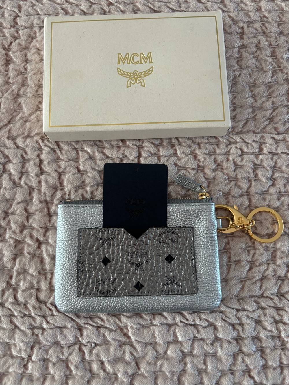 MCM Silver Metallic Card Pouch with Gold Hardware